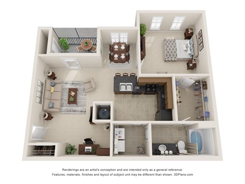 Floor plan for 1 bed, 1 bath, 892 sqft
